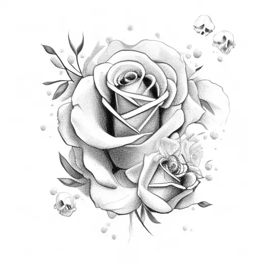 black out with white ink skulls with white roses tattoo design idea