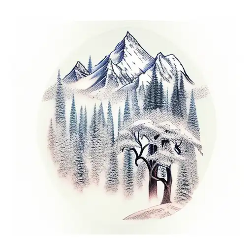 mountain with trees and stream tattoo design idea