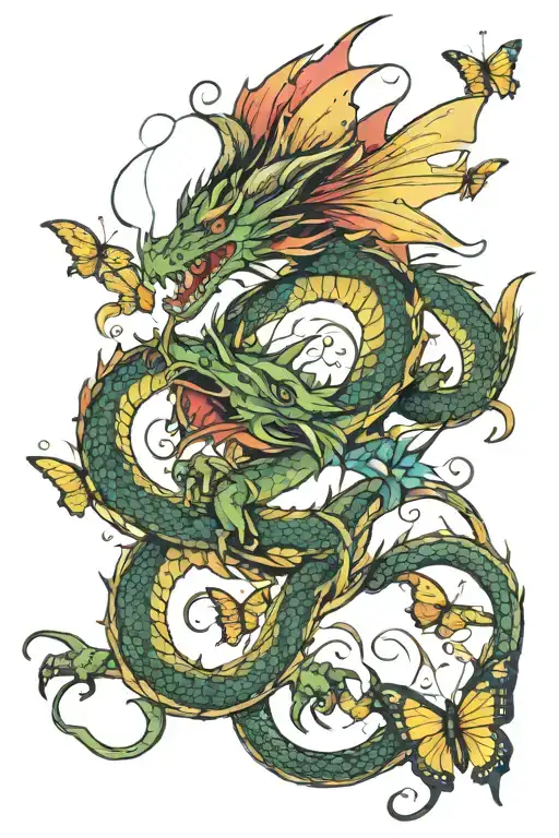 dragon surrounded by butterfly flying tattoo design idea