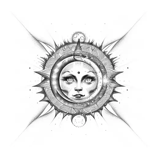 A celestial scene with the sun, moon, and stars intertwined in a cosmic dance tattoo design idea