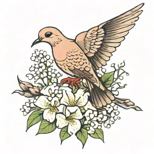 Mourning dove with lily of the valley and carnations tattoo design idea