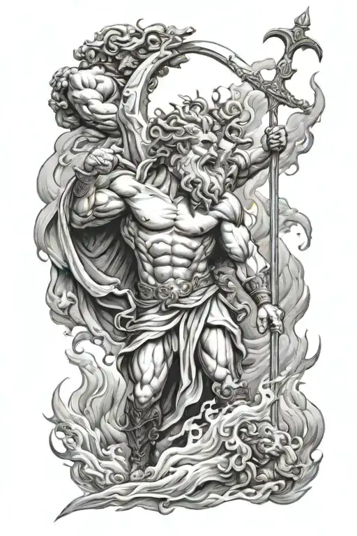 Greek gods Zeus with a thunderbolt, Poseidon with his spear, and Hades with flames battling each other black and grey tattoo design idea