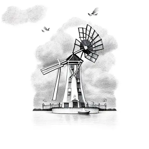 Dutch style windmill with tulips surrounding and cloudy weather on a canal  tattoo design idea