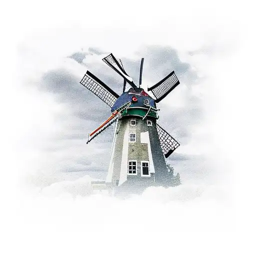 Dutch style windmill with tulips surrounding and cloudy weather on a canal  tattoo design idea