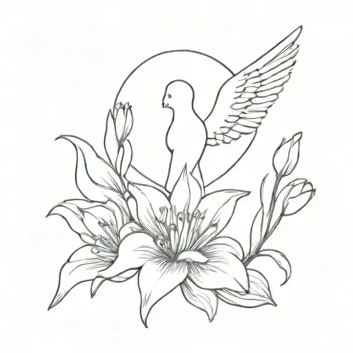 A minimalist tattoo of a silhouette of the Archangel Gabriel surrounded by tulip petals, combining your favorite things in a unique design tattoo design idea