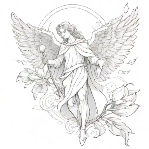Archangel Gabriel surrounded by tulip petals tattoo design idea