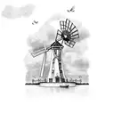 Dutch style windmill with tulips surrounding and cloudy weather on a canal  tattoo design idea