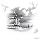 Dutch style windmill with tulips surrounding and cloudy weather on a canal  tattoo design idea