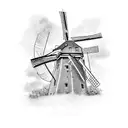 Dutch style windmill with tulips surrounding and cloudy weather on a canal  tattoo design idea