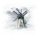 Dutch style windmill with tulips surrounding and cloudy weather on a canal  tattoo design idea