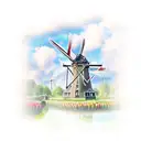 Dutch style windmill with tulips surrounding and cloudy weather on a canal  tattoo design idea