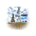 Dutch style windmill with tulips surrounding and cloudy weather on a canal  tattoo design idea