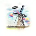 Dutch style windmill with tulips surrounding and cloudy weather on a canal  tattoo design idea