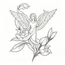 A minimalist tattoo of a silhouette of the Archangel Gabriel surrounded by tulip petals, combining your favorite things in a unique design tattoo design idea