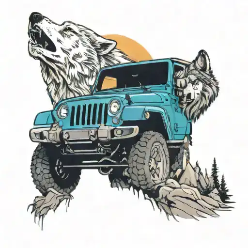 colour full, Jeep wrangler 4 door, wolf, full moon, mountaims tattoo design idea