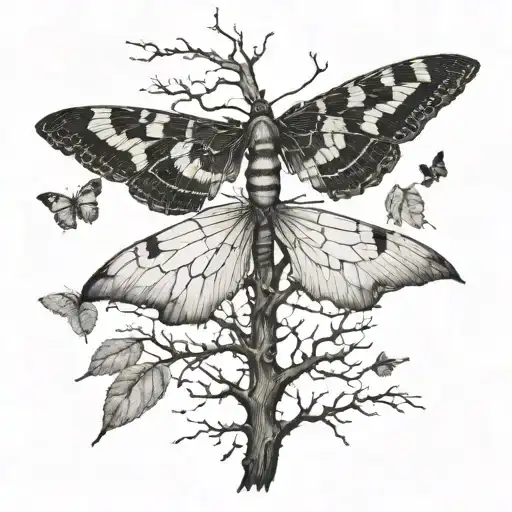 upside down leafless tree turns to dead moth tattoo design idea