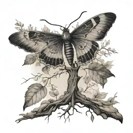 upside down leafless tree turns to moth  tattoo design idea