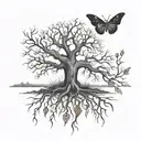 upside down leafless tree connects with dead moth tattoo design idea
