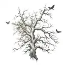 upside down leafless tree connects with dead moth tattoo design idea