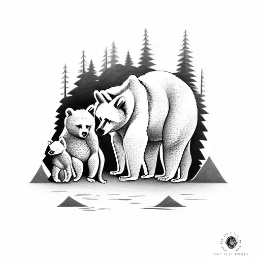 forrest tattoo of bear and her two cubs by a river with the names mason and Eva hidden in the environment . full sleeve tattoo design idea