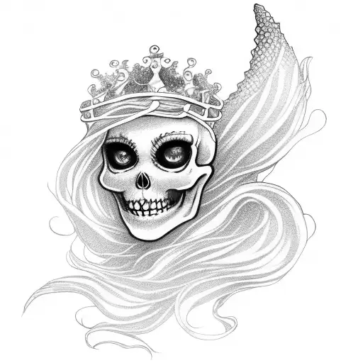 skeleton mermaid with flowing hair and a crown tattoo design idea