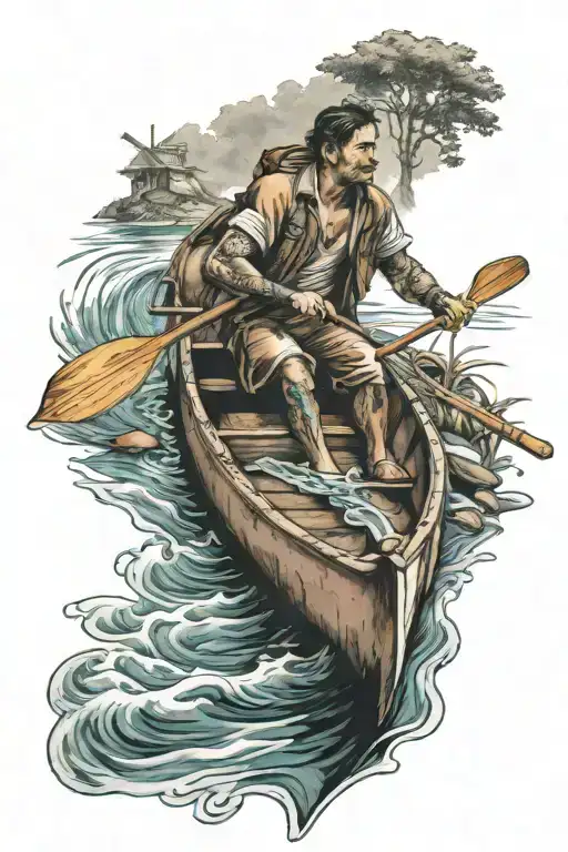 a guy riding a canoe in a river  tattoo design idea