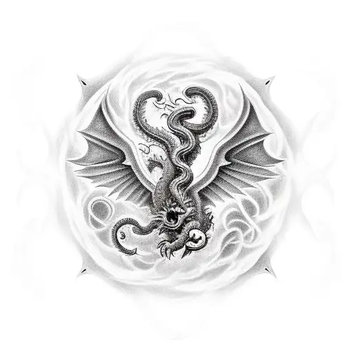 top right Griffon taking flight with medusa underneath a phoenix in the center, a dragon breathing fire on the top left tattoo design idea