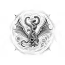 top right Griffon taking flight with medusa underneath a phoenix in the center, a dragon breathing fire on the top left tattoo design idea