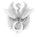 top right Griffon taking flight with medusa underneath a phoenix in the center, a dragon breathing fire on the top left tattoo design idea