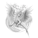 top right Griffon taking flight with medusa underneath a phoenix in the center, a dragon breathing fire on the top left tattoo design idea