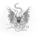 top right Griffon taking flight with medusa underneath a phoenix in the center, a dragon breathing fire on the top left tattoo design idea