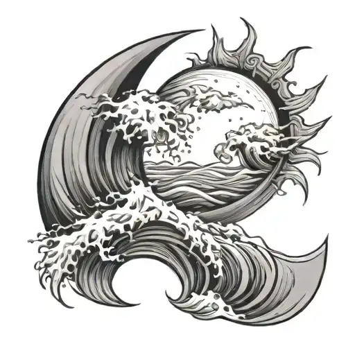 Sun, moon and wave crashing tattoo design idea