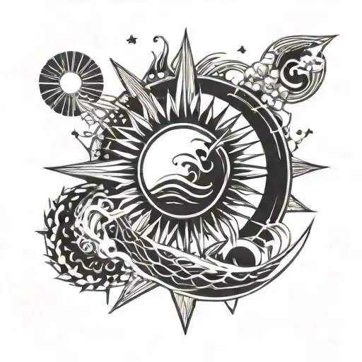 sun, moon and wave crashing tattoo design idea