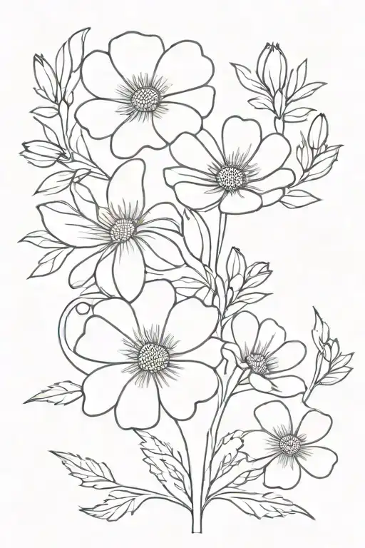a small minimalist with mum, daisy, violet, and poppy flowers  tattoo design idea