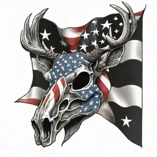A camouflage patterned deer skull with a patriotic flag draped over it, incorporating WW II dog tags tattoo design idea