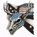 A camouflage patterned deer skull with a patriotic flag draped over it, incorporating WW II dog tags tattoo design idea