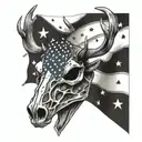 A camouflage patterned deer skull with a patriotic flag draped over it, incorporating WW II dog tags tattoo design idea
