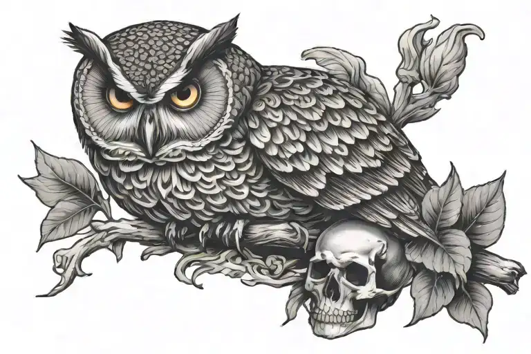 owl perched on skull tattoo design idea