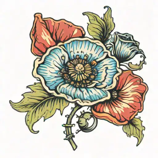 poppy flower with vis ta vie on the stem wrapped tattoo design idea