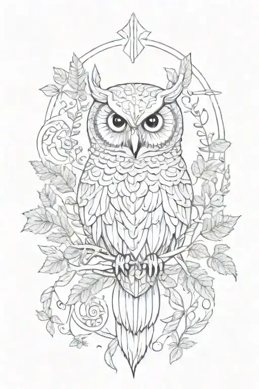 goddess of nature, owl, raven, fern, moth, runes, Nordic style tattoo design idea