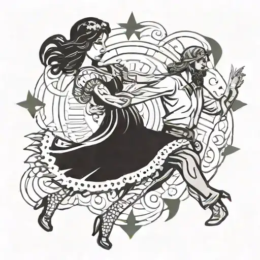 A tattoo design of a jiving couple dancing to Irish country music, with subtle elements representing psychotherapy and Jesus intertwined in the background tattoo design idea