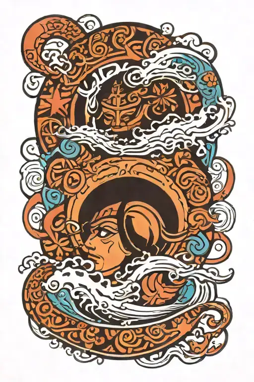 river and ocean merge in flow taino sun god tattoo design idea