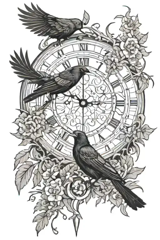 two jackdaws and a large clock surrounded by thorny vines tattoo design idea