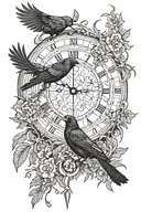two jackdaws and a large clock surrounded by thorny vines tattoo design idea