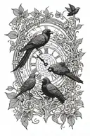 two jackdaws and a large clock surrounded by thorny vines tattoo design idea