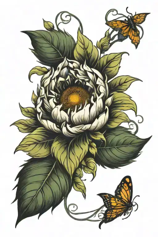 sunflower, peony, vine intertwined tattoo design idea