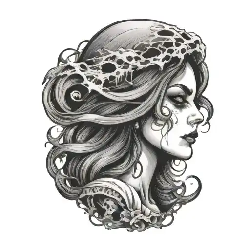 female face creepy ghost flying tattoo design idea
