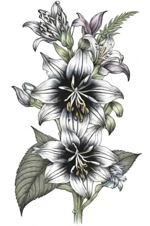 black and white lily, lupine, aster, large bluet, fern, blue eyed grass, buttercups, sulfer cinquefoil tattoo design idea