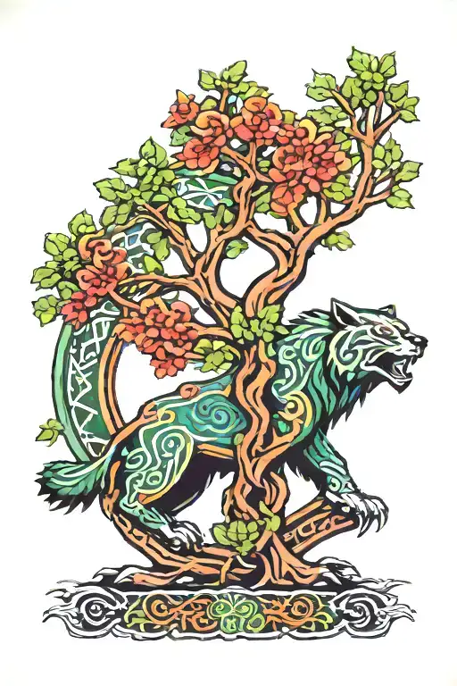 celtic tree, irish tribal symbols, Plains Cree Wolverine, Canadian pride, full color, very detailed. tattoo design idea