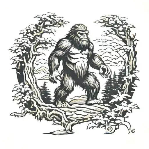 Bigfoot looking through the trees tattoo design idea